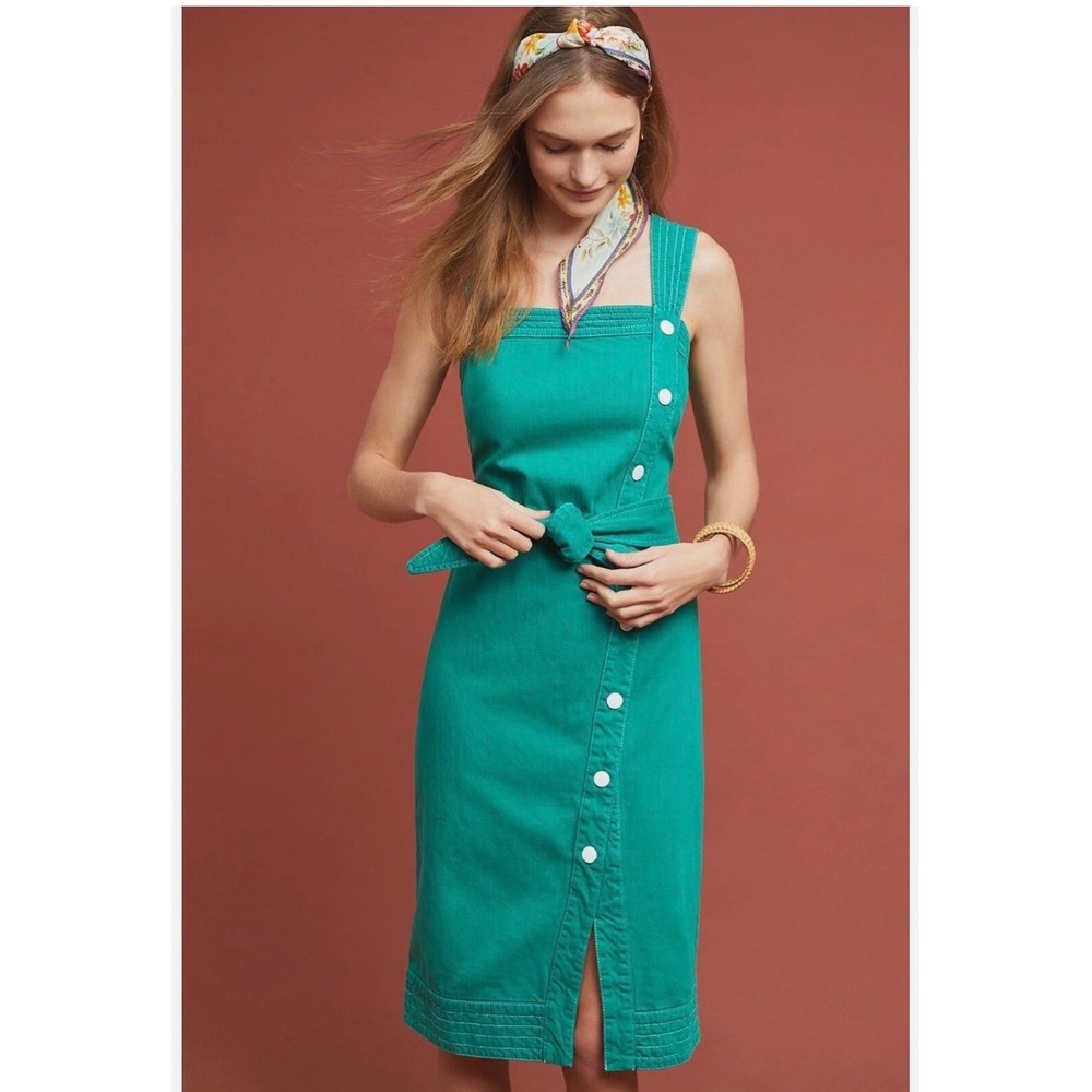 Maeve Anthropologie Green Button Front Utility Midi Dress Tie Waist